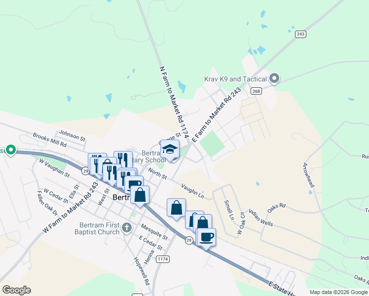 map of restaurants, bars, coffee shops, grocery stores, and more near 401 Main Street in Bertram