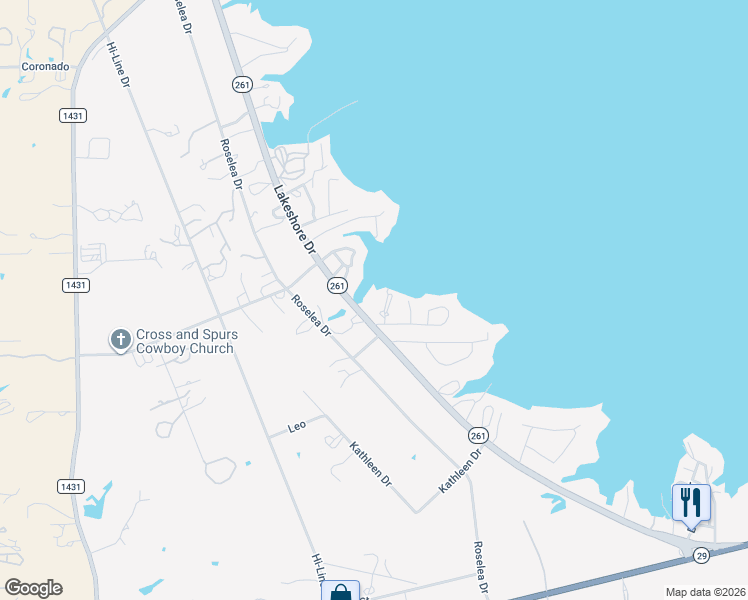 map of restaurants, bars, coffee shops, grocery stores, and more near 1500-1612 County Road 261 in Buchanan Dam