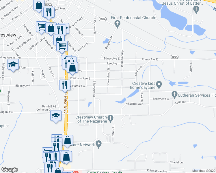 map of restaurants, bars, coffee shops, grocery stores, and more near Williams Ave & Crossland St in Crestview