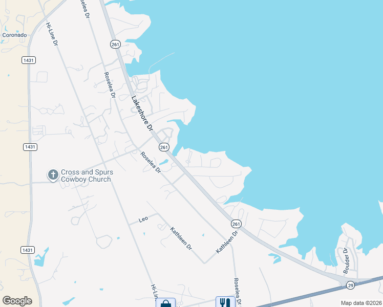 map of restaurants, bars, coffee shops, grocery stores, and more near 1500-1612 County Road 261 in Buchanan Dam