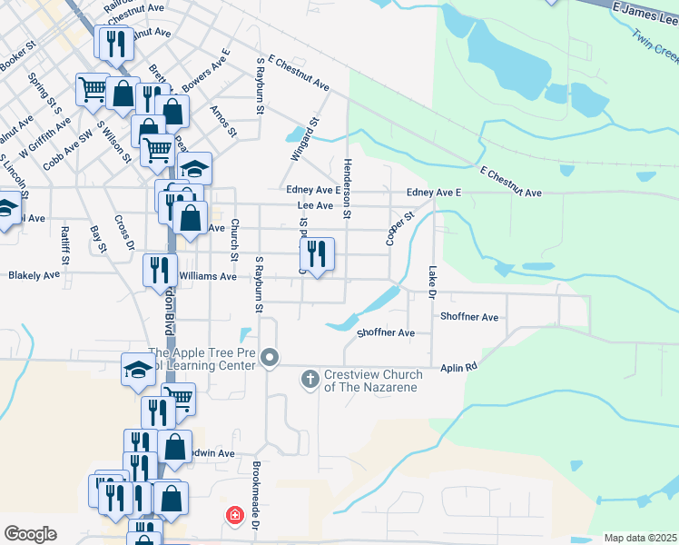 map of restaurants, bars, coffee shops, grocery stores, and more near 695 Robinson Avenue East in Crestview