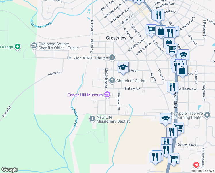map of restaurants, bars, coffee shops, grocery stores, and more near 749 McClelland Street in Crestview