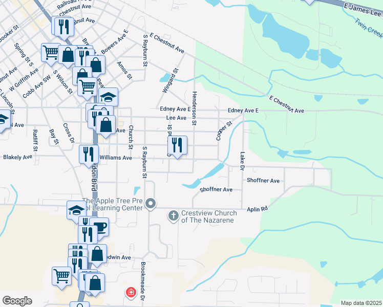 map of restaurants, bars, coffee shops, grocery stores, and more near 604 Henderson Street in Crestview
