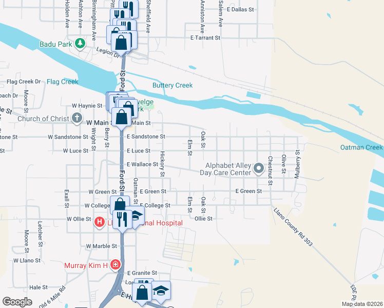 map of restaurants, bars, coffee shops, grocery stores, and more near 908 Elm Street in Llano