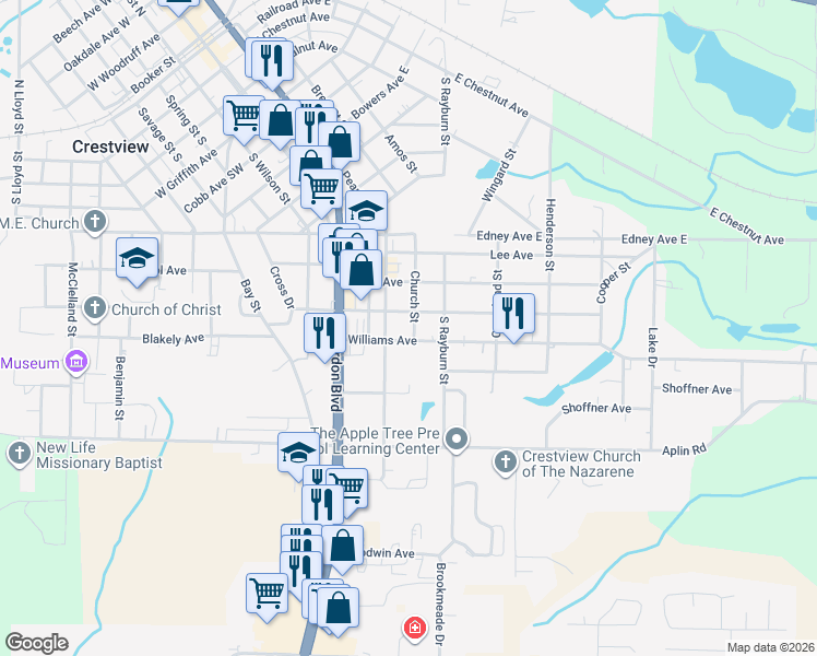 map of restaurants, bars, coffee shops, grocery stores, and more near 401 Robinson Avenue East in Crestview