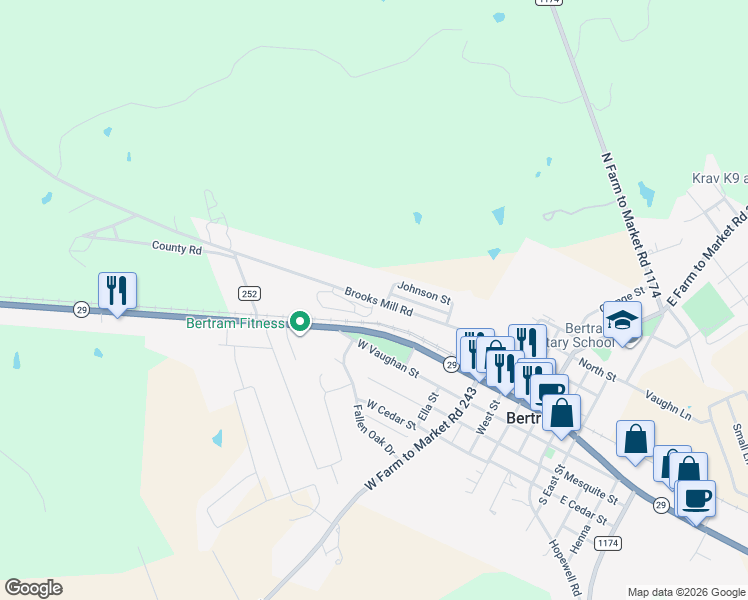 map of restaurants, bars, coffee shops, grocery stores, and more near 635 Brook Mill Road in Bertram