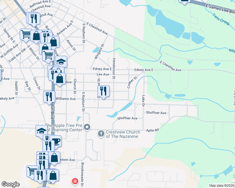 map of restaurants, bars, coffee shops, grocery stores, and more near 720 Robinson Avenue East in Crestview