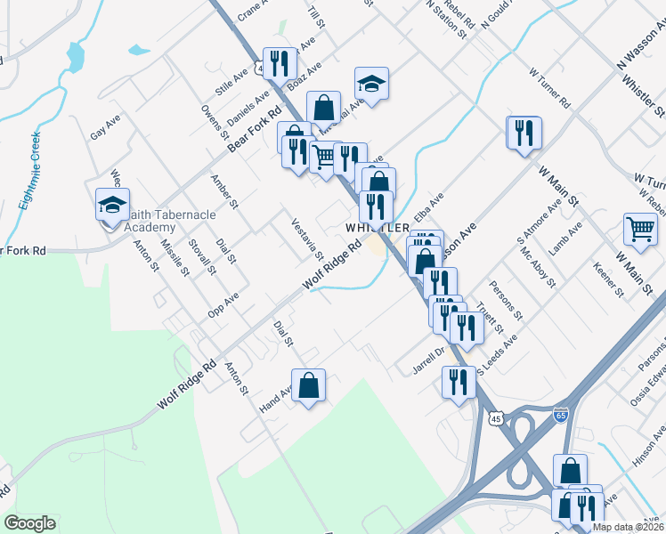 map of restaurants, bars, coffee shops, grocery stores, and more near 1647 Wolf Ridge Road in Prichard