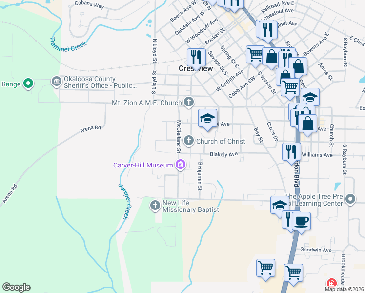 map of restaurants, bars, coffee shops, grocery stores, and more near 749 McClelland Street in Crestview