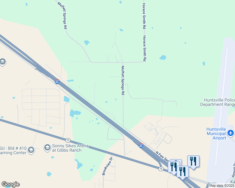 map of restaurants, bars, coffee shops, grocery stores, and more near 153 Moffett Springs Road in Huntsville