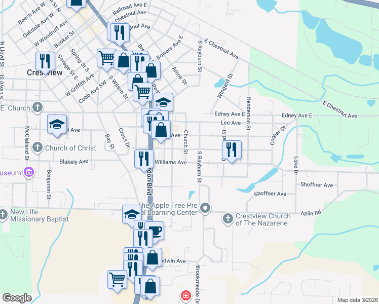 map of restaurants, bars, coffee shops, grocery stores, and more near 401 Robinson Avenue East in Crestview