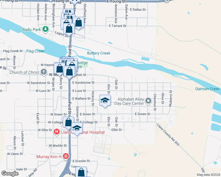 map of restaurants, bars, coffee shops, grocery stores, and more near 908 Elm Street in Llano