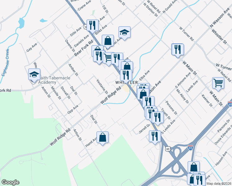 map of restaurants, bars, coffee shops, grocery stores, and more near 1647 Wolf Ridge Road in Prichard