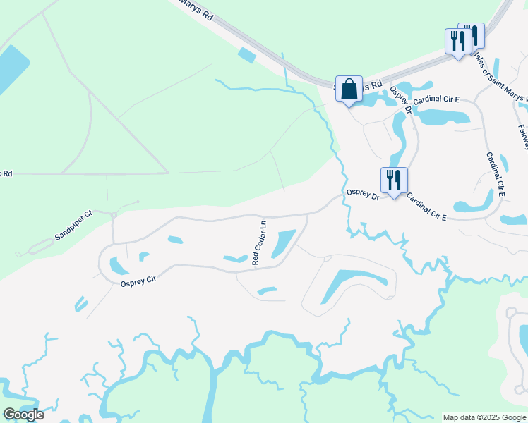 map of restaurants, bars, coffee shops, grocery stores, and more near 218 Osprey Circle in St. Marys