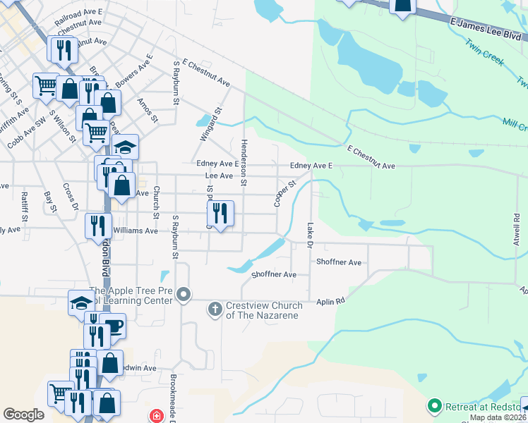 map of restaurants, bars, coffee shops, grocery stores, and more near 720 Robinson Avenue East in Crestview
