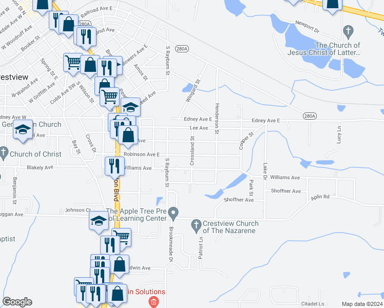 map of restaurants, bars, coffee shops, grocery stores, and more near 394 Crossland Street in Crestview