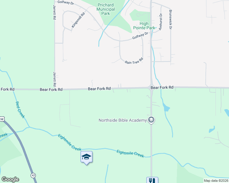 map of restaurants, bars, coffee shops, grocery stores, and more near 5323 Bear Fork Road in Mobile