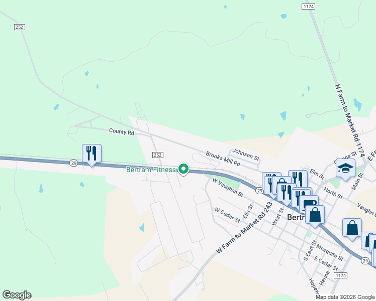 map of restaurants, bars, coffee shops, grocery stores, and more near 1000 Brooks Mill Road in Bertram