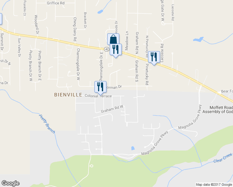 map of restaurants, bars, coffee shops, grocery stores, and more near 6758 Colonial Terrace in Mobile