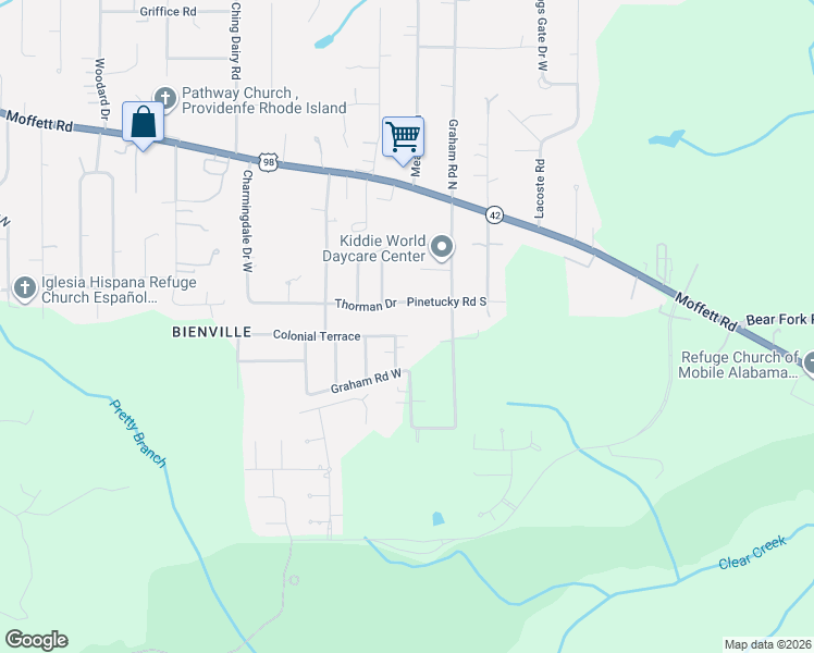 map of restaurants, bars, coffee shops, grocery stores, and more near 6712 Colonial Terrace in Mobile