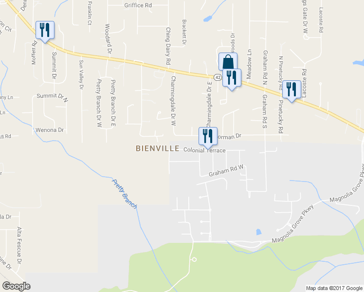 map of restaurants, bars, coffee shops, grocery stores, and more near 6924 Colonial Terrace in Mobile