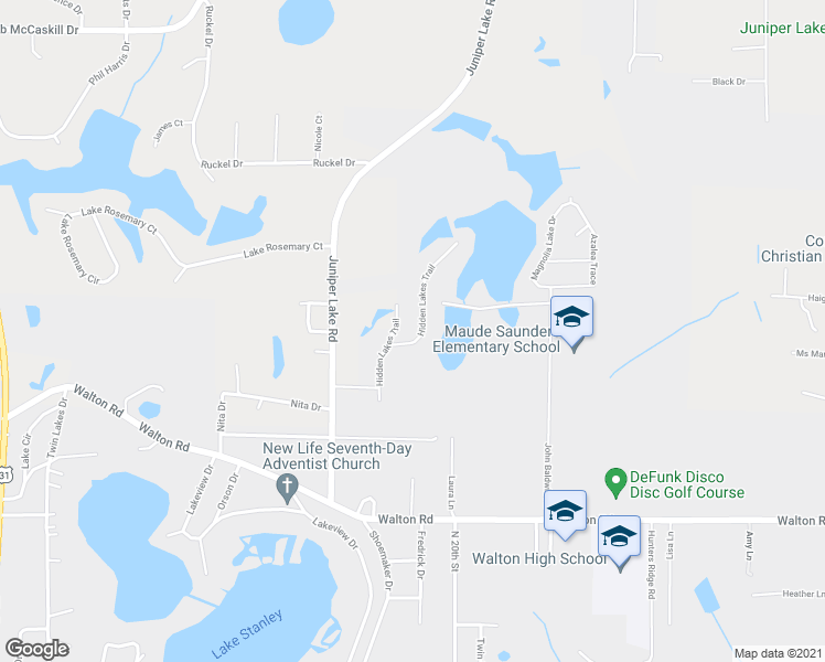 map of restaurants, bars, coffee shops, grocery stores, and more near 201 Hidden Lakes Trail in DeFuniak Springs