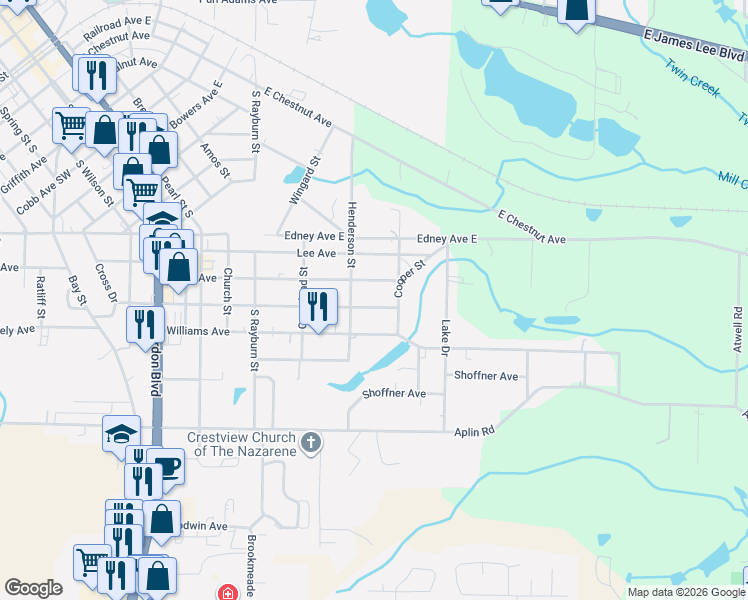 map of restaurants, bars, coffee shops, grocery stores, and more near 720 Robinson Avenue East in Crestview