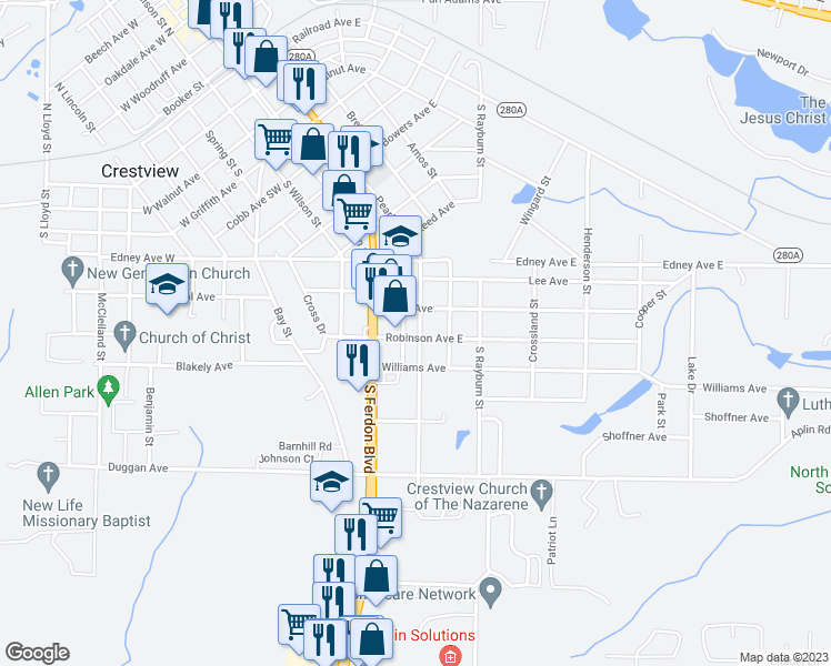 map of restaurants, bars, coffee shops, grocery stores, and more near 1298 Pearl Street South in Crestview