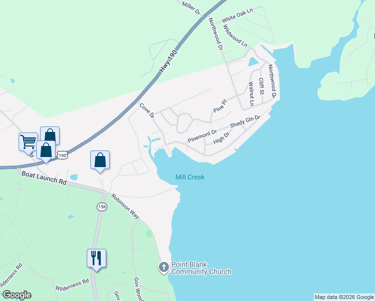 map of restaurants, bars, coffee shops, grocery stores, and more near 68 Edgewater Way in Point Blank