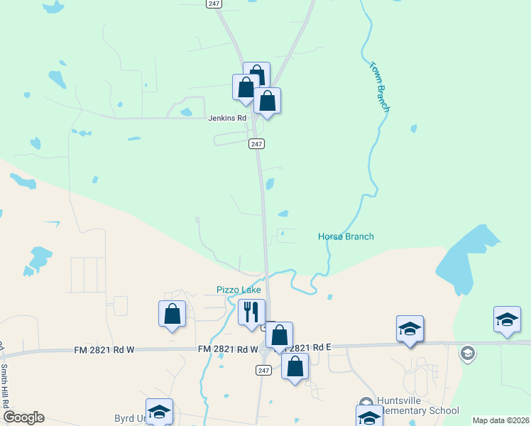 map of restaurants, bars, coffee shops, grocery stores, and more near 210 Farm to Market Road 247 in Huntsville