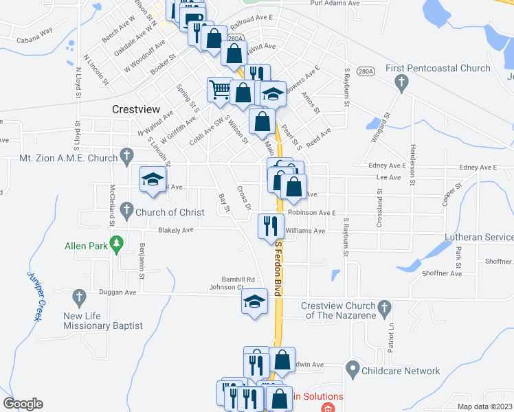map of restaurants, bars, coffee shops, grocery stores, and more near 1096 South Wilson Street in Crestview