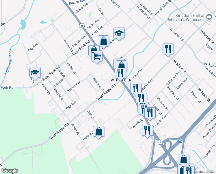 map of restaurants, bars, coffee shops, grocery stores, and more near 1644 Wolf Ridge Road in Mobile