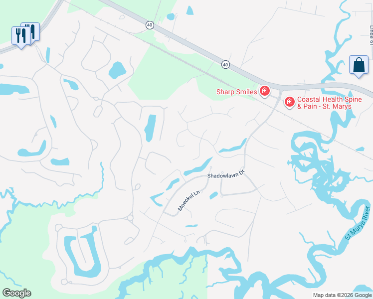 map of restaurants, bars, coffee shops, grocery stores, and more near 124 Natchez Court in Saint Marys