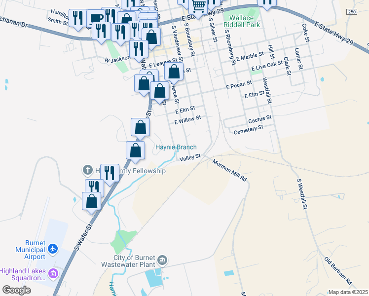 map of restaurants, bars, coffee shops, grocery stores, and more near 1004 South Pierce Street in Burnet