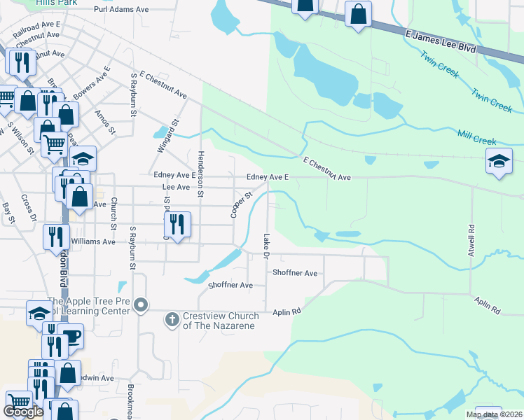 map of restaurants, bars, coffee shops, grocery stores, and more near 5180 Lake Drive in Crestview