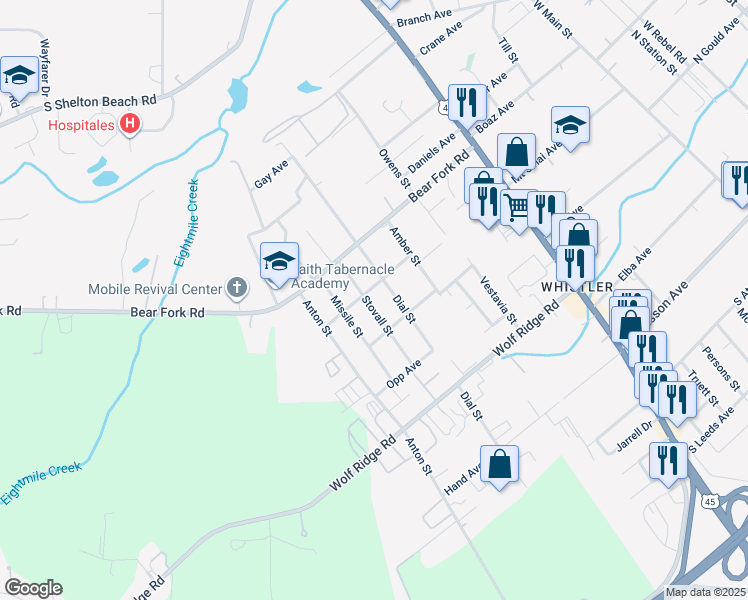 map of restaurants, bars, coffee shops, grocery stores, and more near 3520 Stovall Street in Mobile