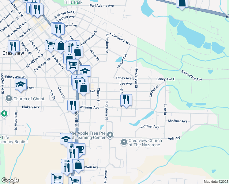 map of restaurants, bars, coffee shops, grocery stores, and more near 520 Brock Avenue in Crestview