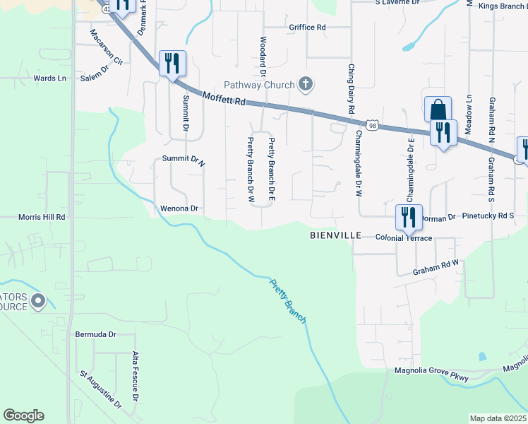 map of restaurants, bars, coffee shops, grocery stores, and more near 2828 Pretty Branch Drive East in Mobile