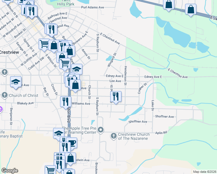 map of restaurants, bars, coffee shops, grocery stores, and more near 393 Crossland Street in Crestview