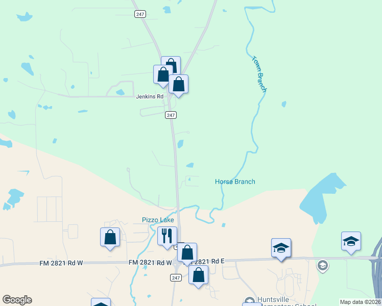 map of restaurants, bars, coffee shops, grocery stores, and more near 210 Farm to Market Road 247 in Huntsville