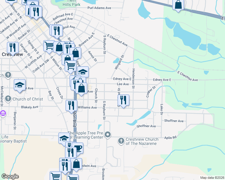 map of restaurants, bars, coffee shops, grocery stores, and more near 520 Brock Avenue in Crestview