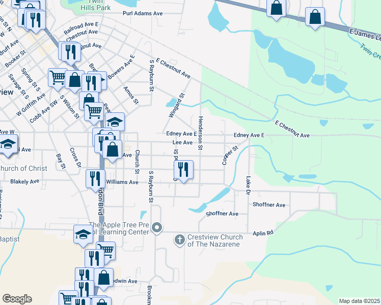 map of restaurants, bars, coffee shops, grocery stores, and more near 598 Henderson Street in Crestview