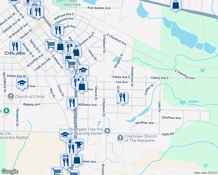 map of restaurants, bars, coffee shops, grocery stores, and more near 520 Brock Avenue in Crestview