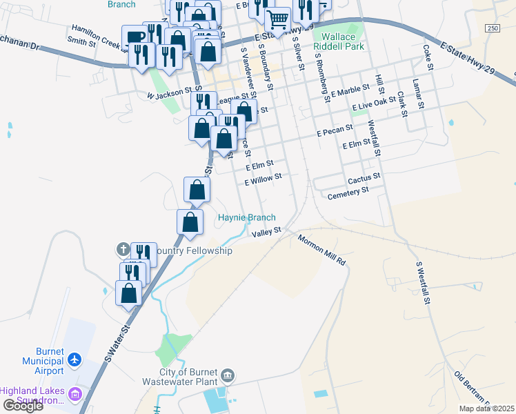 map of restaurants, bars, coffee shops, grocery stores, and more near 1004 South Pierce Street in Burnet