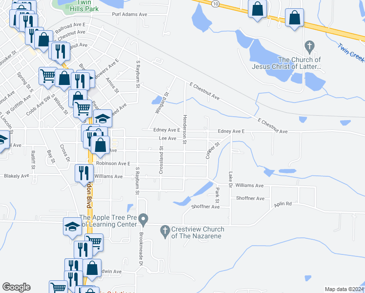 map of restaurants, bars, coffee shops, grocery stores, and more near 598 Henderson Street in Crestview