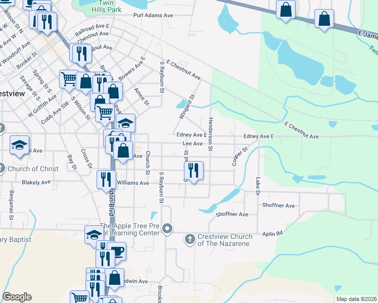 map of restaurants, bars, coffee shops, grocery stores, and more near 393 Crossland Street in Crestview