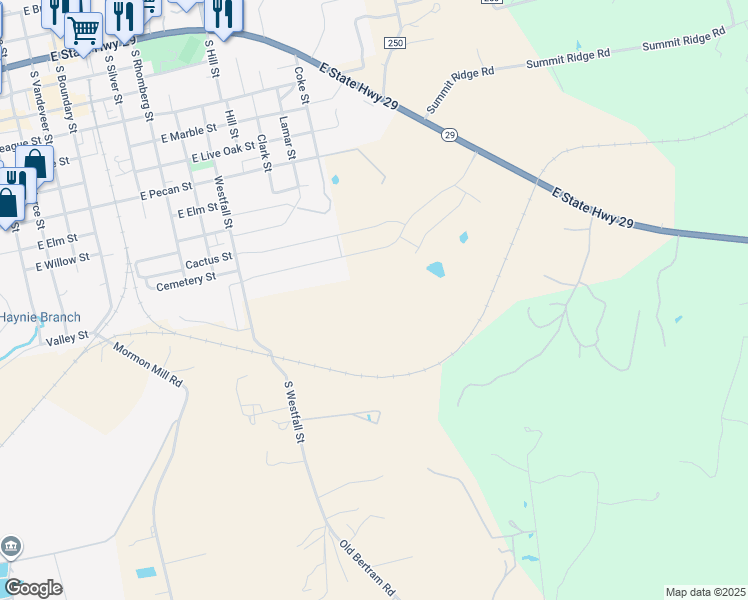 map of restaurants, bars, coffee shops, grocery stores, and more near 120 Hayburner Road in Burnet