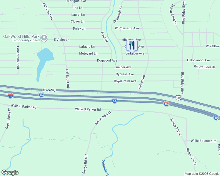 map of restaurants, bars, coffee shops, grocery stores, and more near 44 Cottonwood Blair Road in DeFuniak Springs