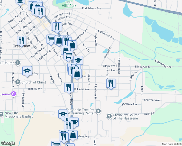 map of restaurants, bars, coffee shops, grocery stores, and more near 215 Church Street in Crestview