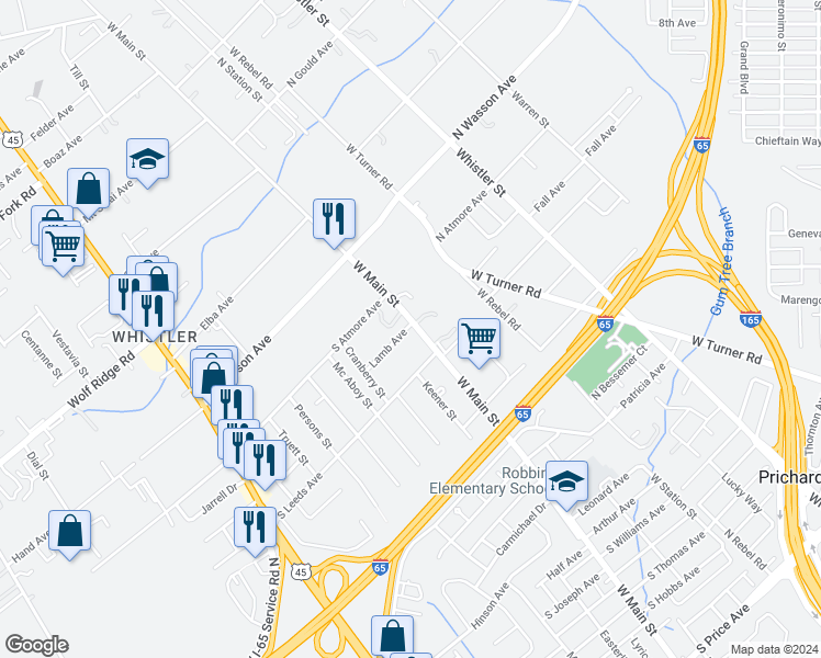 map of restaurants, bars, coffee shops, grocery stores, and more near 2931 West Main Street in Mobile